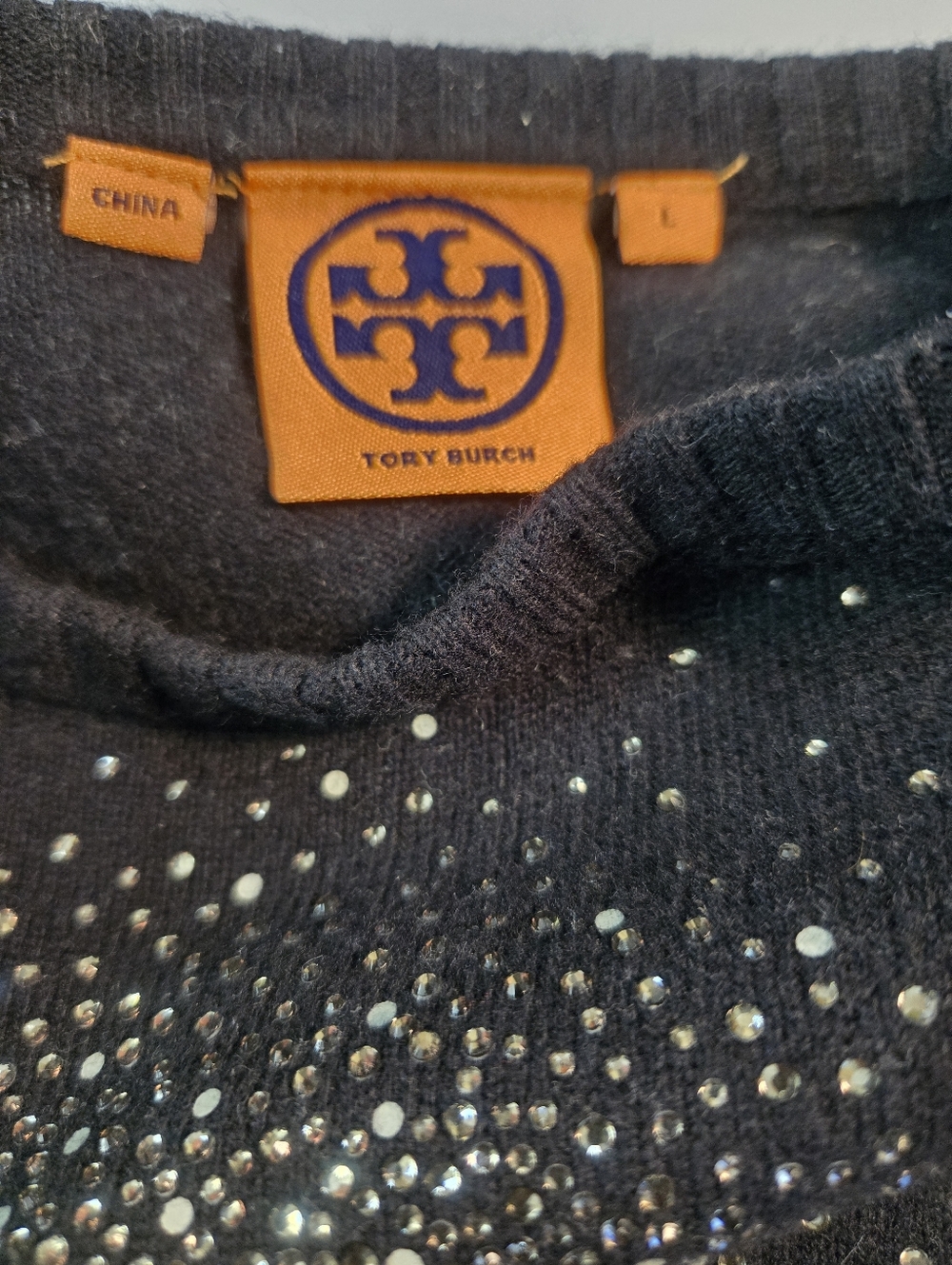 Tory Burch Women’s Size Large Black Sparkly Logo Crewneck Wool Cashmere Sweater - Picture 5 of 6